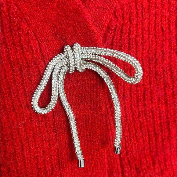 Red Women's Cardigan Sweater with Sparkly Bow - Picture 4 of 10
